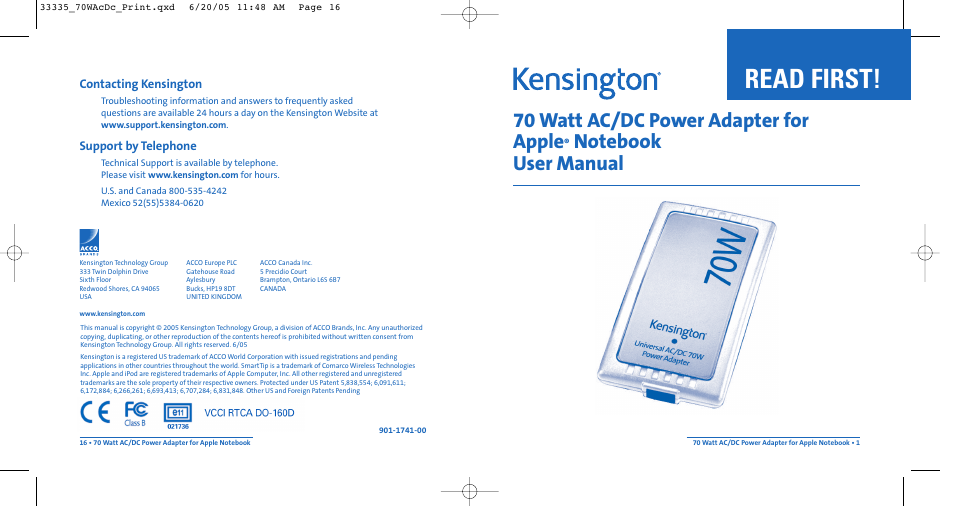 Kensington AC/DC Power Adapter 33335 User Manual | 8 pages