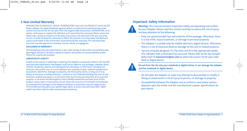 Important: safety information, Year limited warranty | Kensington AC/DC Power Adapter 33335 User Manual | Page 3 / 8