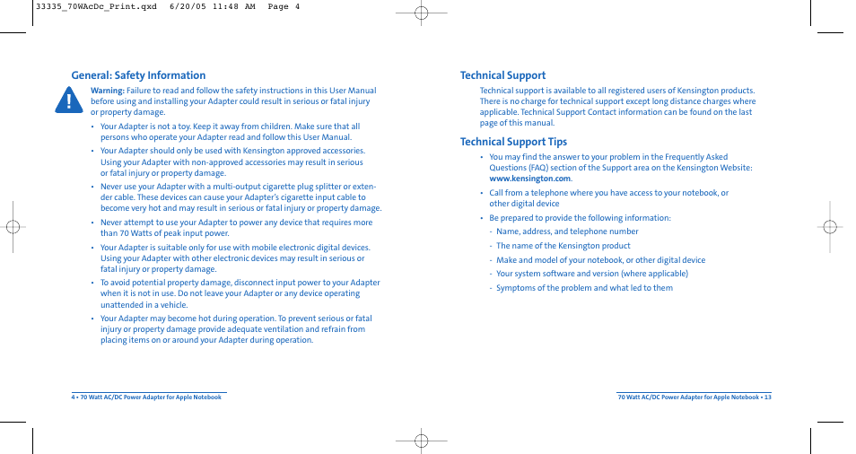 Technical support, Technical support tips, General: safety information | Kensington AC/DC Power Adapter 33335 User Manual | Page 4 / 8
