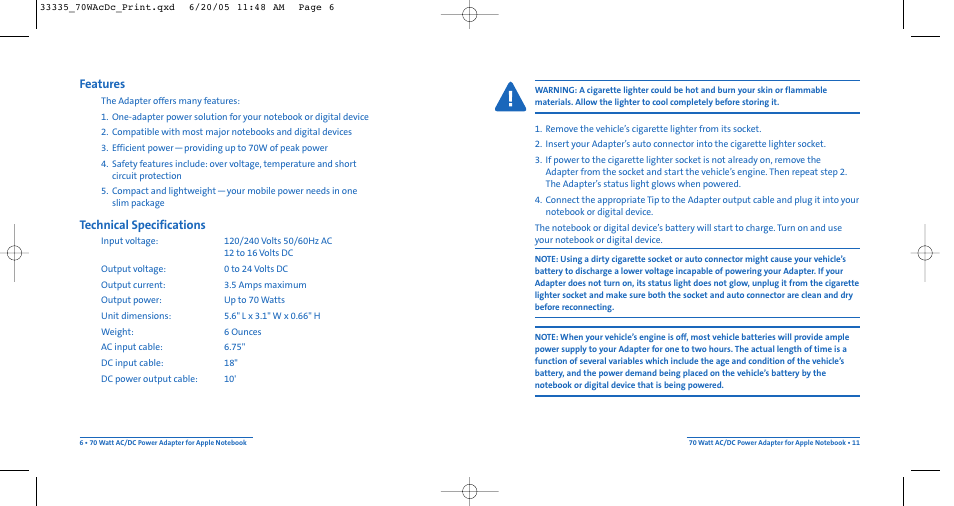 Features, Technical specifications | Kensington AC/DC Power Adapter 33335 User Manual | Page 6 / 8