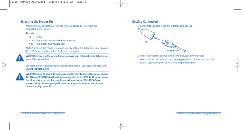 Getting connected, Selecting the proper tip | Kensington AC/DC Power Adapter 33335 User Manual | Page 8 / 8