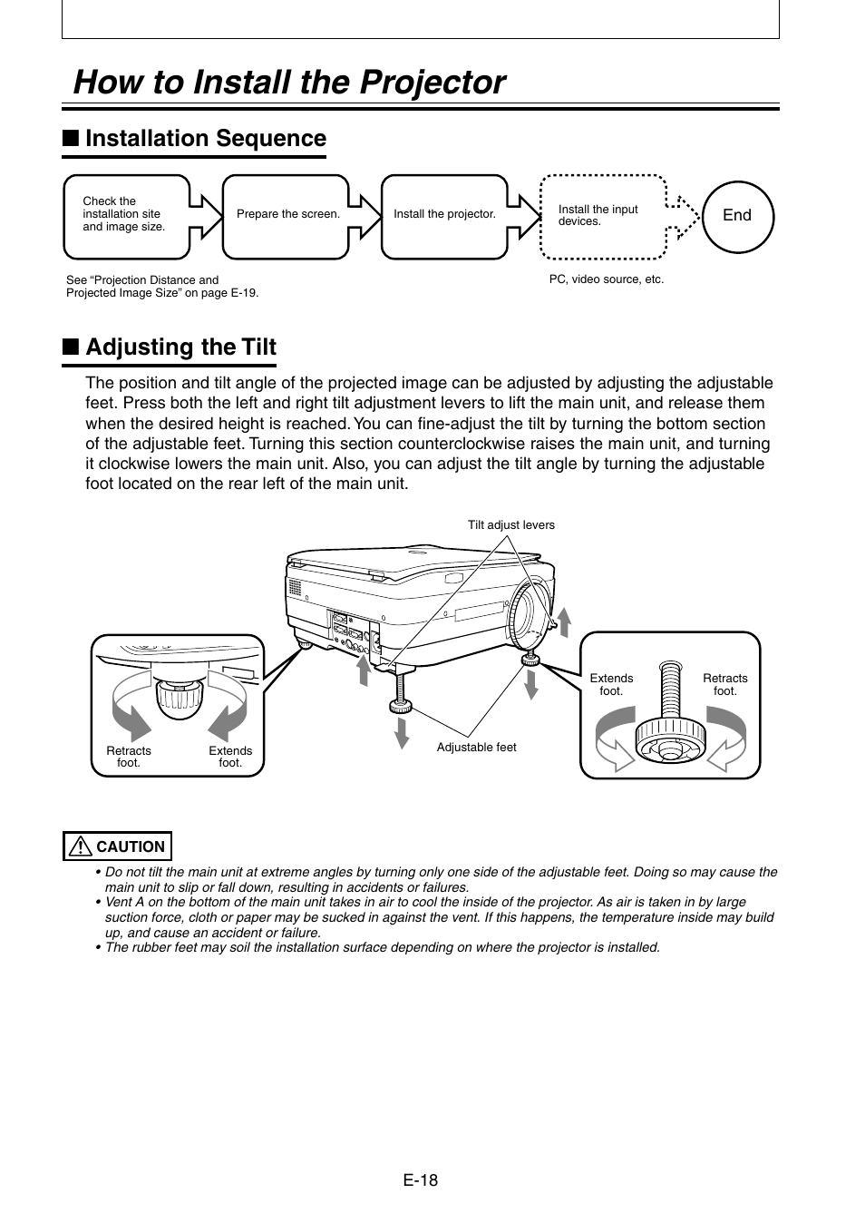 How to install the projector, Installation sequence ■ adjusting the tilt | Kensington DT20 User Manual | Page 18 / 58