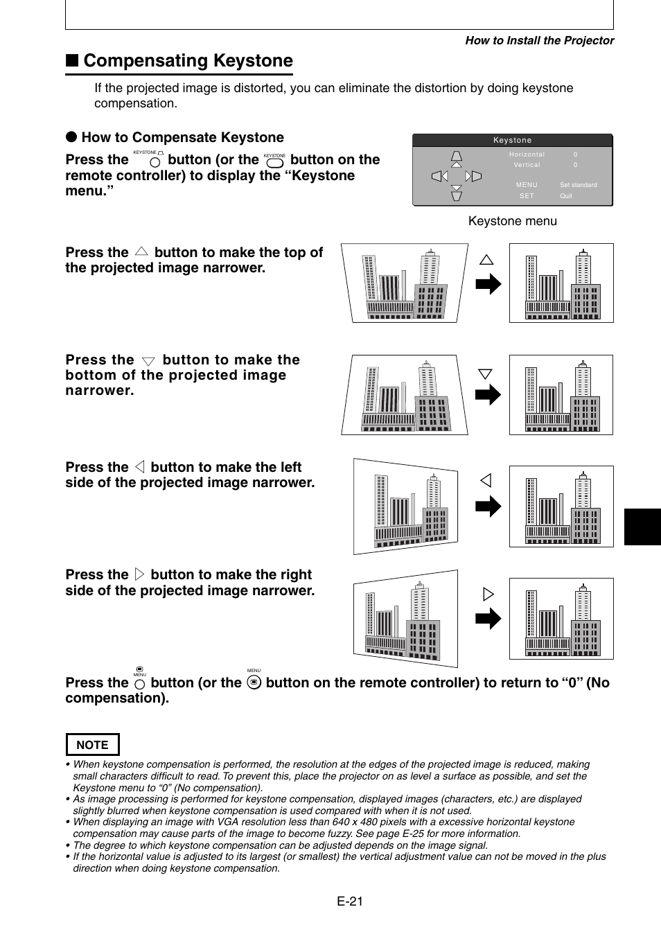 Compensating keystone, How to compensate keystone press the, Button (or the | Kensington DT20 User Manual | Page 21 / 58