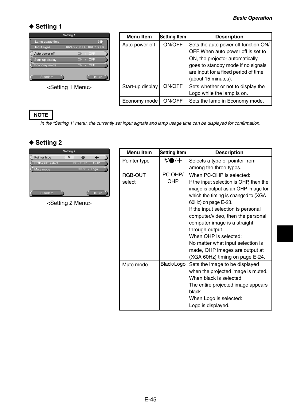 Setting 1, Setting 2, E-45 | Setting 1 menu, Setting 2 menu | Kensington DT20 User Manual | Page 45 / 58