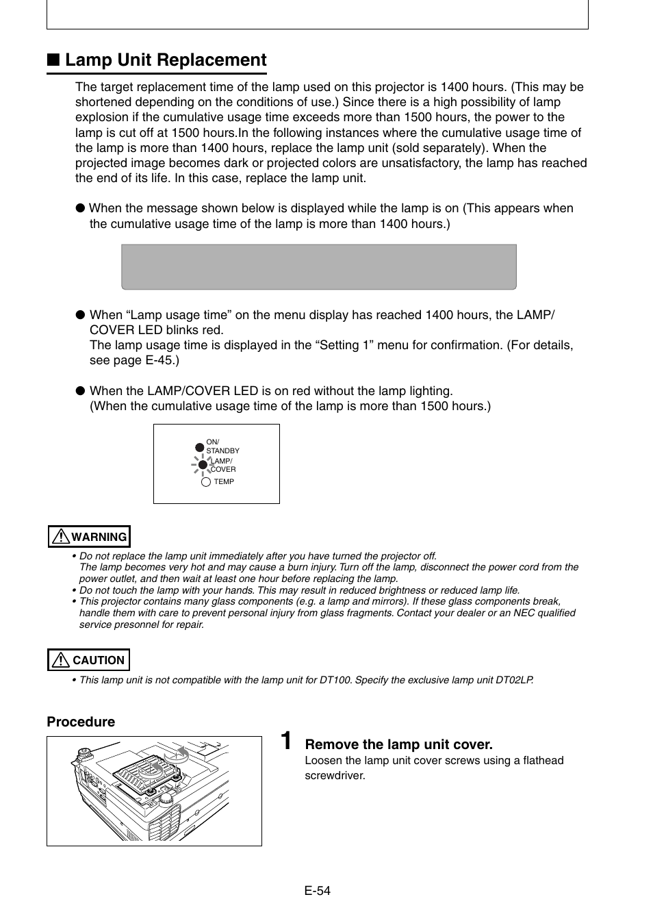 Lamp unit replacement | Kensington DT20 User Manual | Page 54 / 58