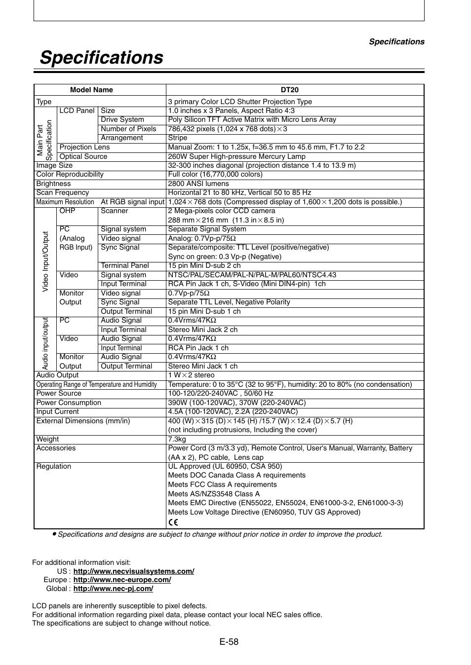 Specifications, E-58 | Kensington DT20 User Manual | Page 58 / 58