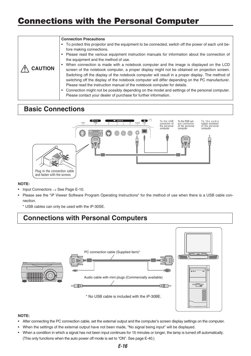 Connections with the personal computer, Caution | Kensington iP-30 User Manual | Page 16 / 49