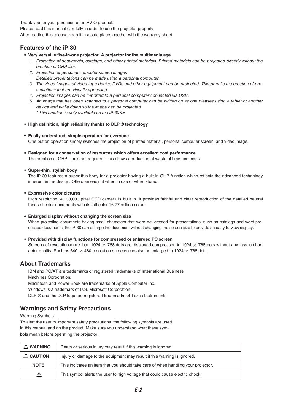 Features of the ip-30, About trademarks, Warnings and safety precautions | Kensington iP-30 User Manual | Page 2 / 49