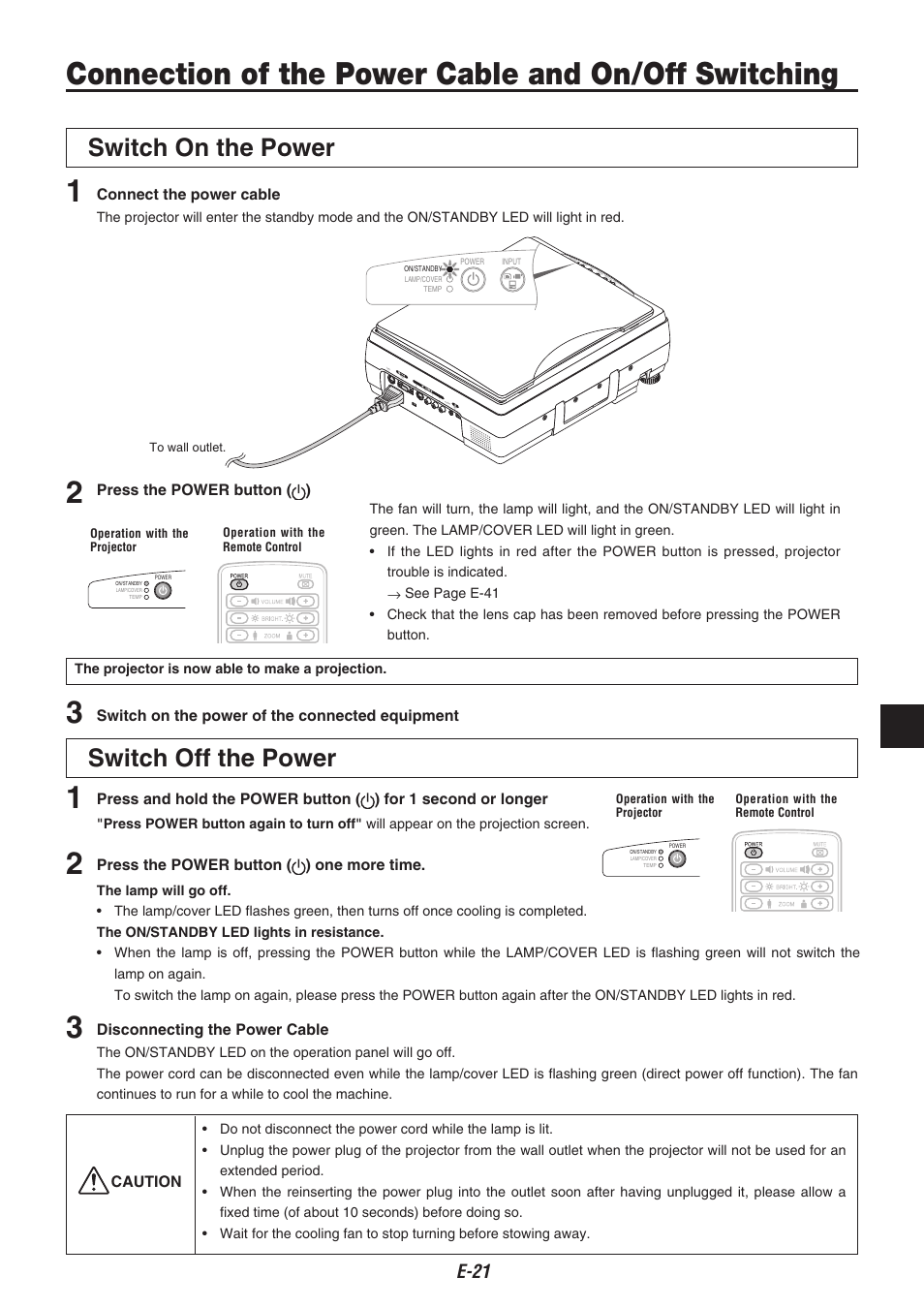 Connection of the power cable and on/off switching, Switch on the power, Switch off the power | E-1 | Kensington iP-30 User Manual | Page 21 / 49