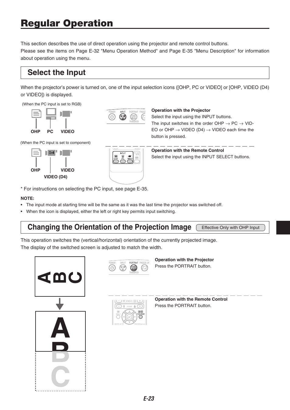 A b c, Regular operation, Select the input | Changing the orientation of the projection image | Kensington iP-30 User Manual | Page 23 / 49