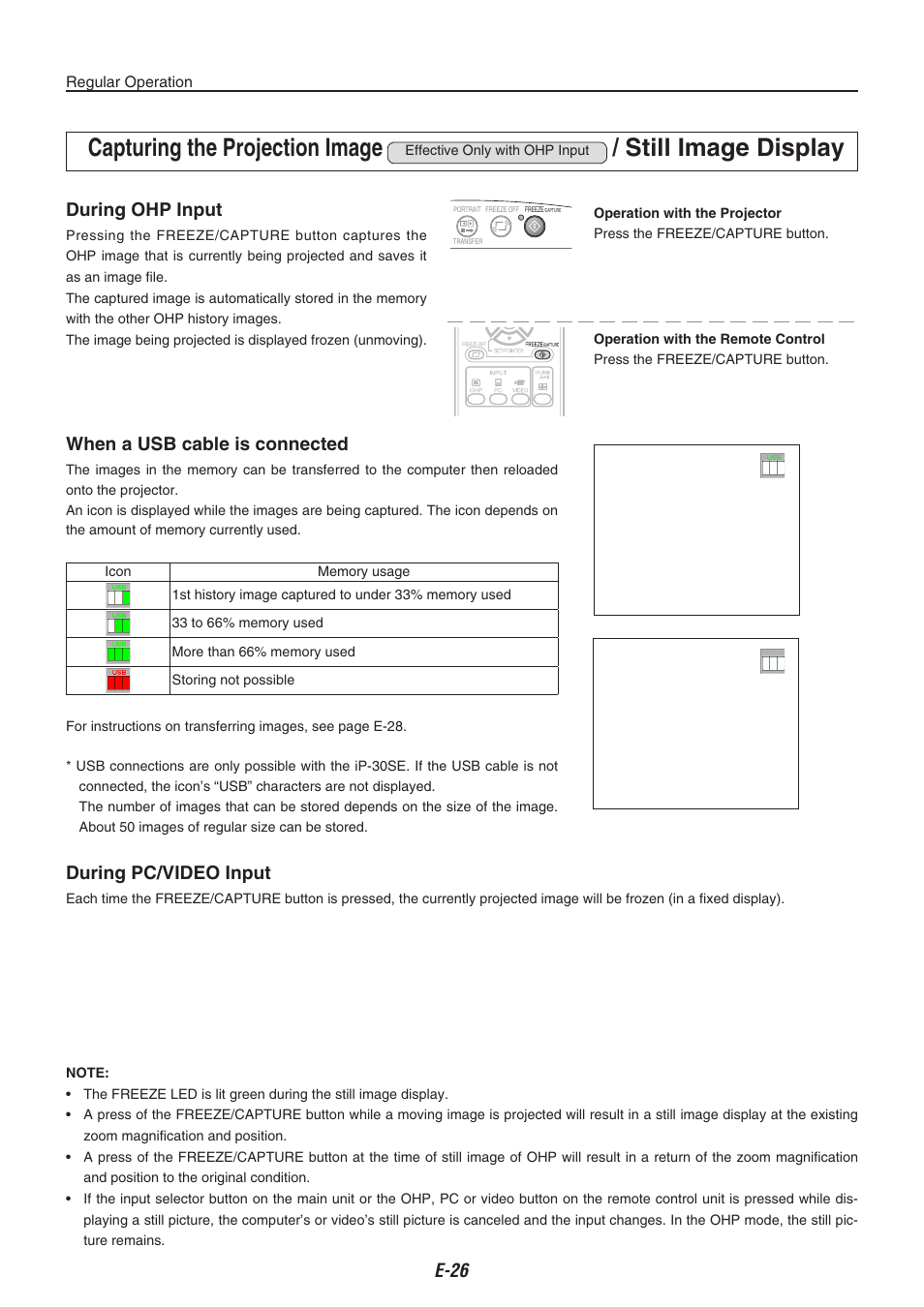 Capturing the projection image, Still image display, During ohp input | During pc/video input, When a usb cable is connected | Kensington iP-30 User Manual | Page 26 / 49