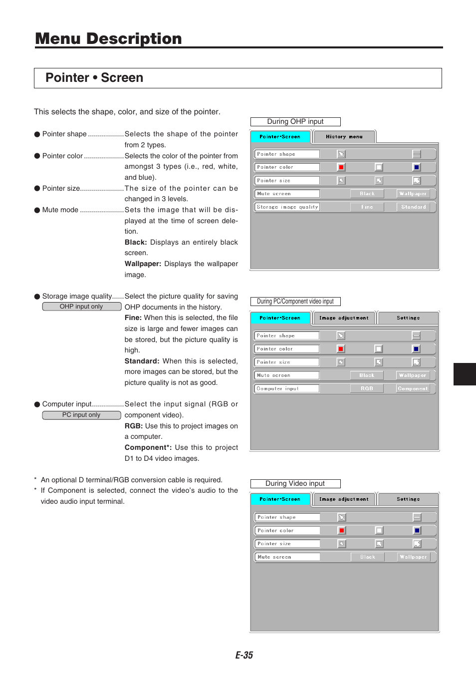 Menu description, Pointer • screen | Kensington iP-30 User Manual | Page 35 / 49