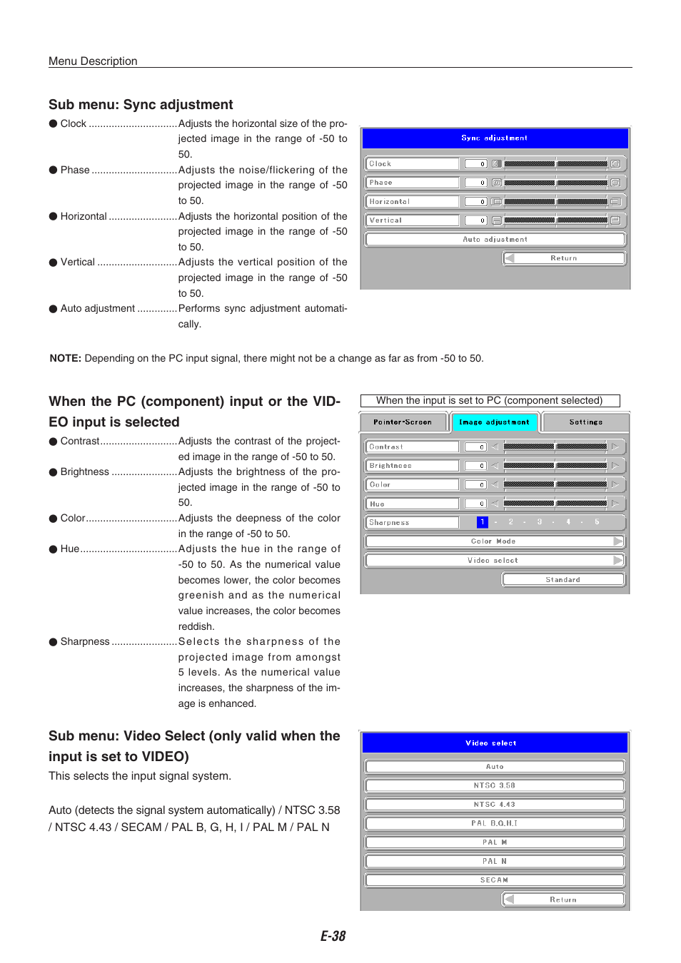 Sub menu: sync adjustment | Kensington iP-30 User Manual | Page 38 / 49