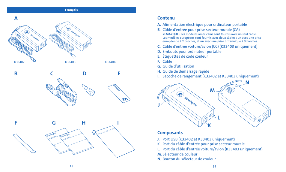 Ab c f, Hd e, Jk l m n | Contenu, Composants | Kensington Notebook Power Adapter User Manual | Page 11 / 26