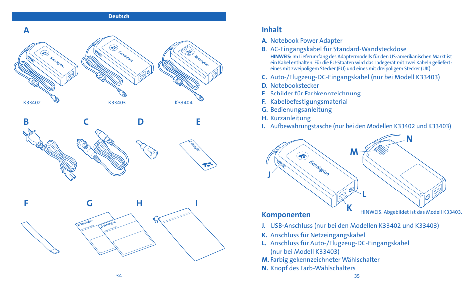 Ab c f, Hd e, Jk l m n | Inhalt, Komponenten | Kensington Notebook Power Adapter User Manual | Page 19 / 26