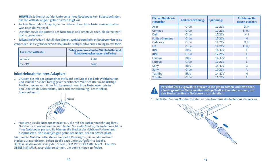 Inbetriebnahme ihres adapters | Kensington Notebook Power Adapter User Manual | Page 22 / 26