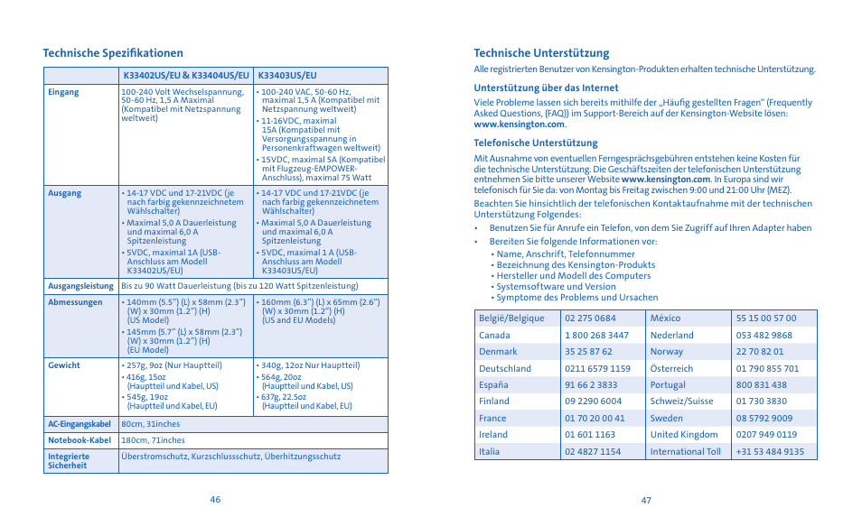 Technische spezifikationen, Technische unterstützung | Kensington Notebook Power Adapter User Manual | Page 25 / 26
