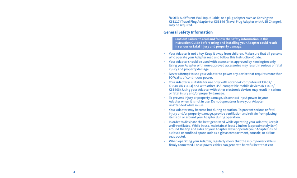 General safety information | Kensington Notebook Power Adapter User Manual | Page 4 / 26
