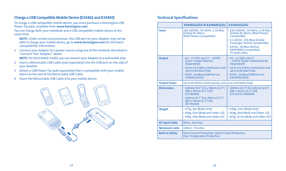 Technical specifications | Kensington Notebook Power Adapter User Manual | Page 8 / 26