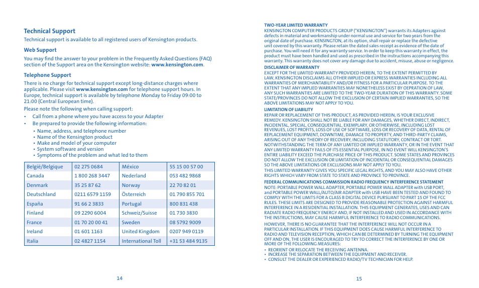 Technical support | Kensington Notebook Power Adapter User Manual | Page 9 / 26