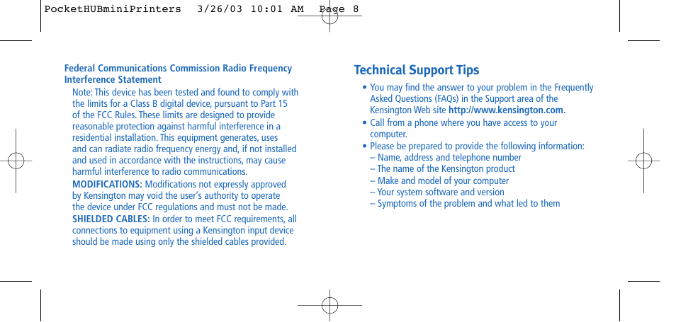 Technical support tips | Kensington Portable 4-Port User Manual | Page 5 / 6