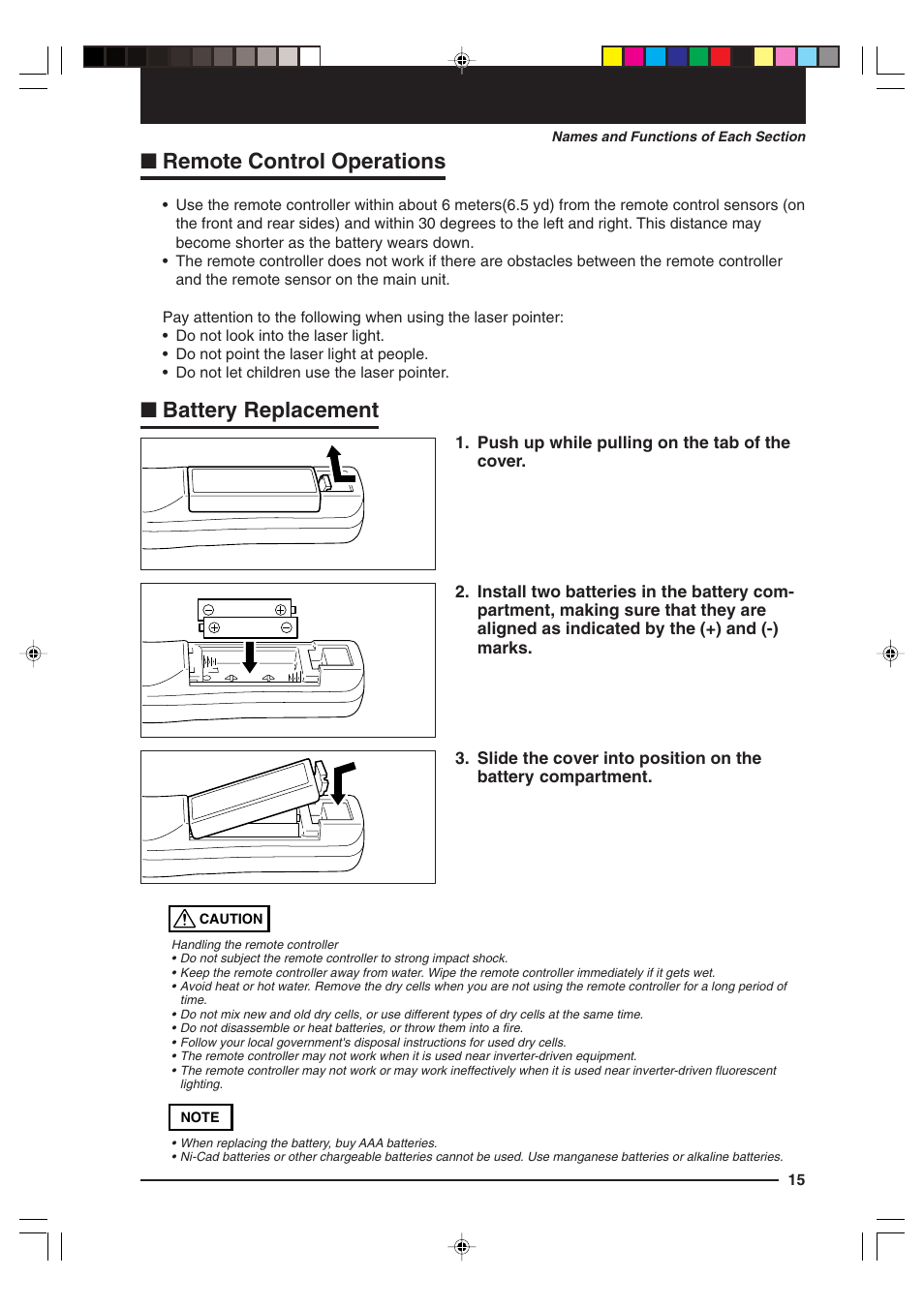 Remote control operations, Battery replacement | Kensington MP-15E User Manual | Page 15 / 52
