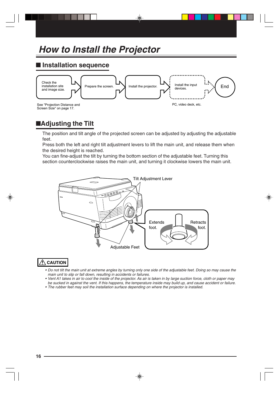 How to install the projector, Installation sequence, Adjusting the tilt | Installation sequence ■ adjusting the tilt | Kensington MP-15E User Manual | Page 16 / 52