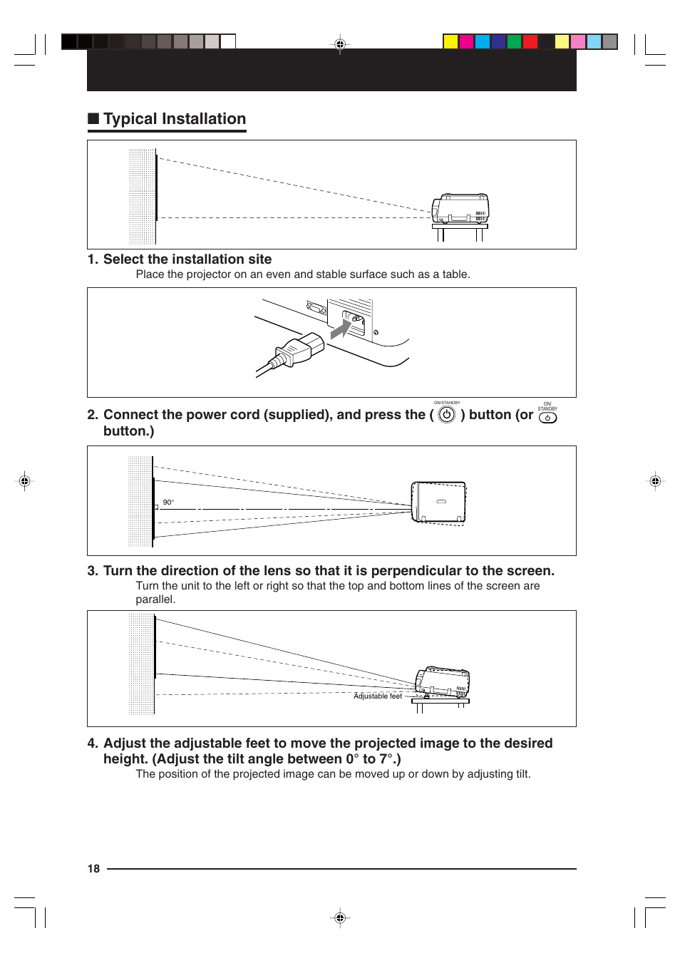 Typical installation, Select the installation site, Connect the power cord (supplied), and press the | Button (or | Kensington MP-15E User Manual | Page 18 / 52