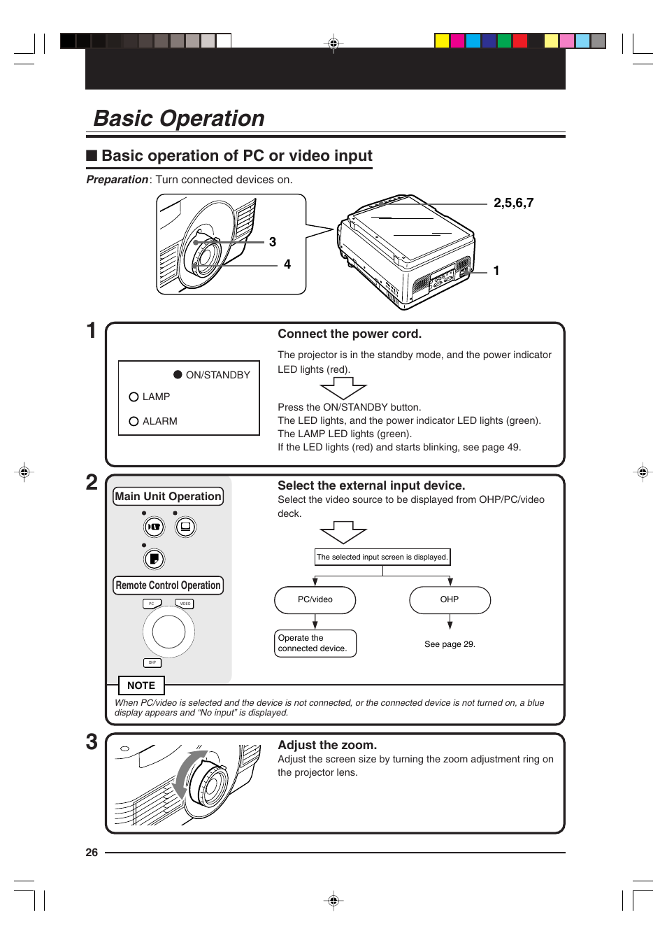 Basic operation, Basic operation of pc or video input | Kensington MP-15E User Manual | Page 26 / 52