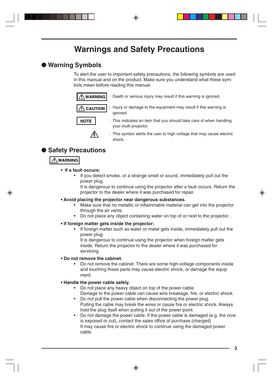 Warnings and safety precautions, Warning symbols, Safety precautions | Kensington MP-15E User Manual | Page 3 / 52