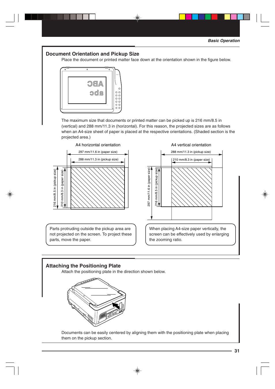 Abc abc, Document orientation and pickup size, Attaching the positioning plate | Kensington MP-15E User Manual | Page 31 / 52