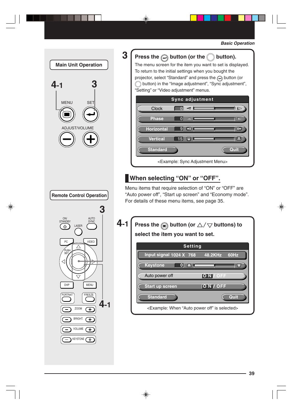 When selecting “on” or “off | Kensington MP-15E User Manual | Page 39 / 52