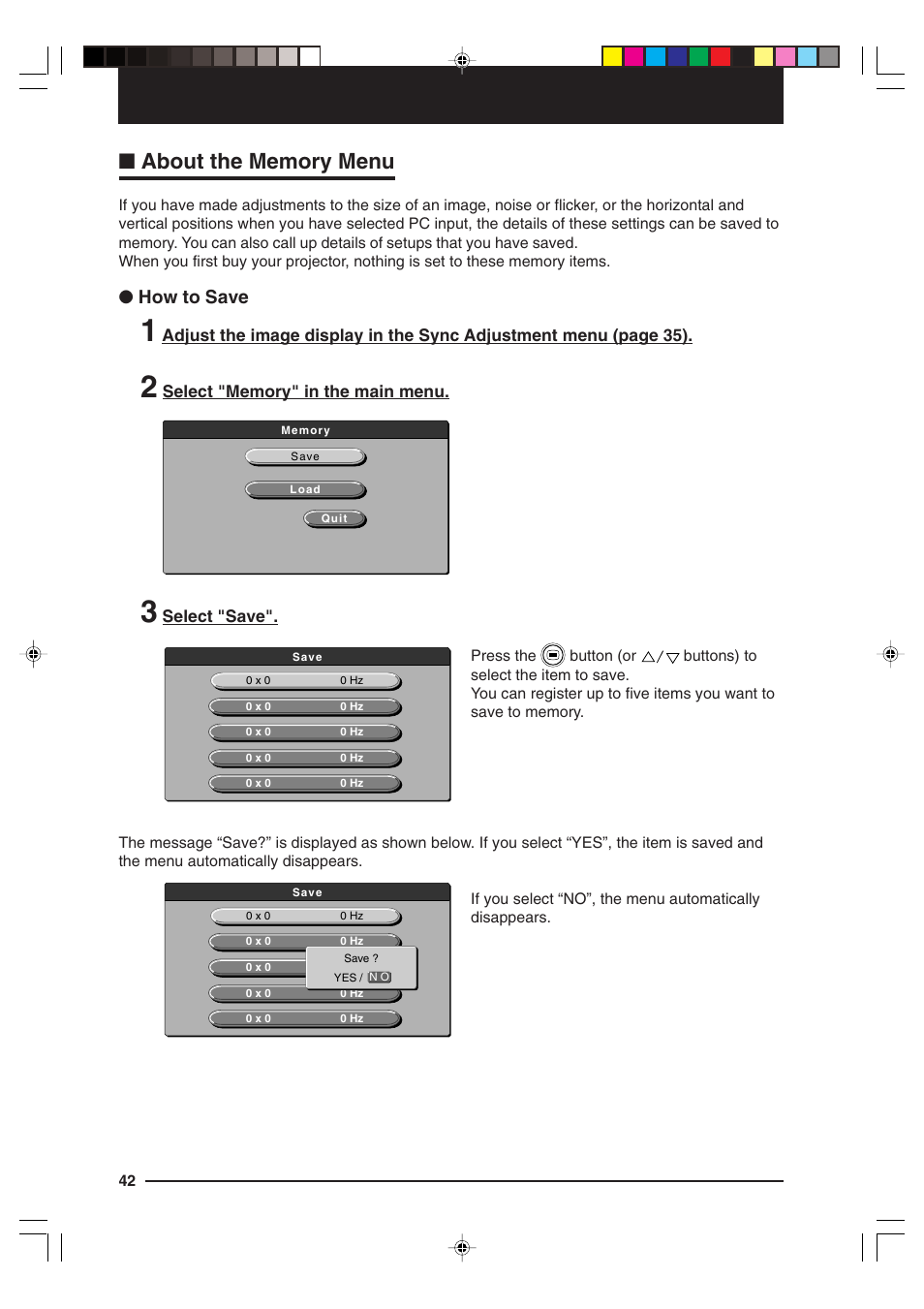 About the memory menu, How to save | Kensington MP-15E User Manual | Page 42 / 52