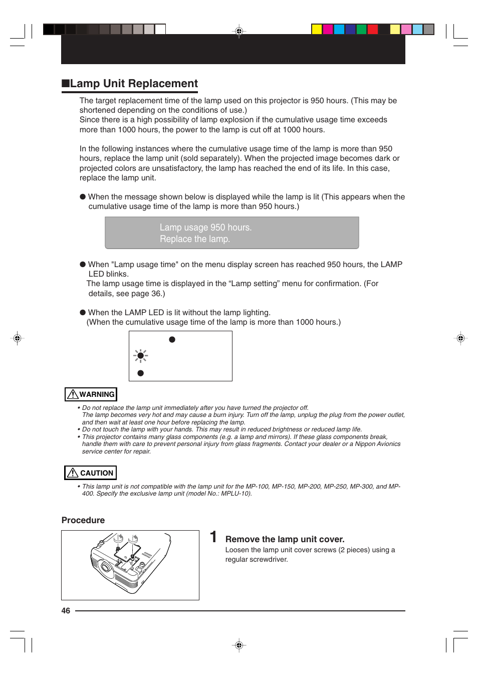Lamp unit replacement | Kensington MP-15E User Manual | Page 46 / 52