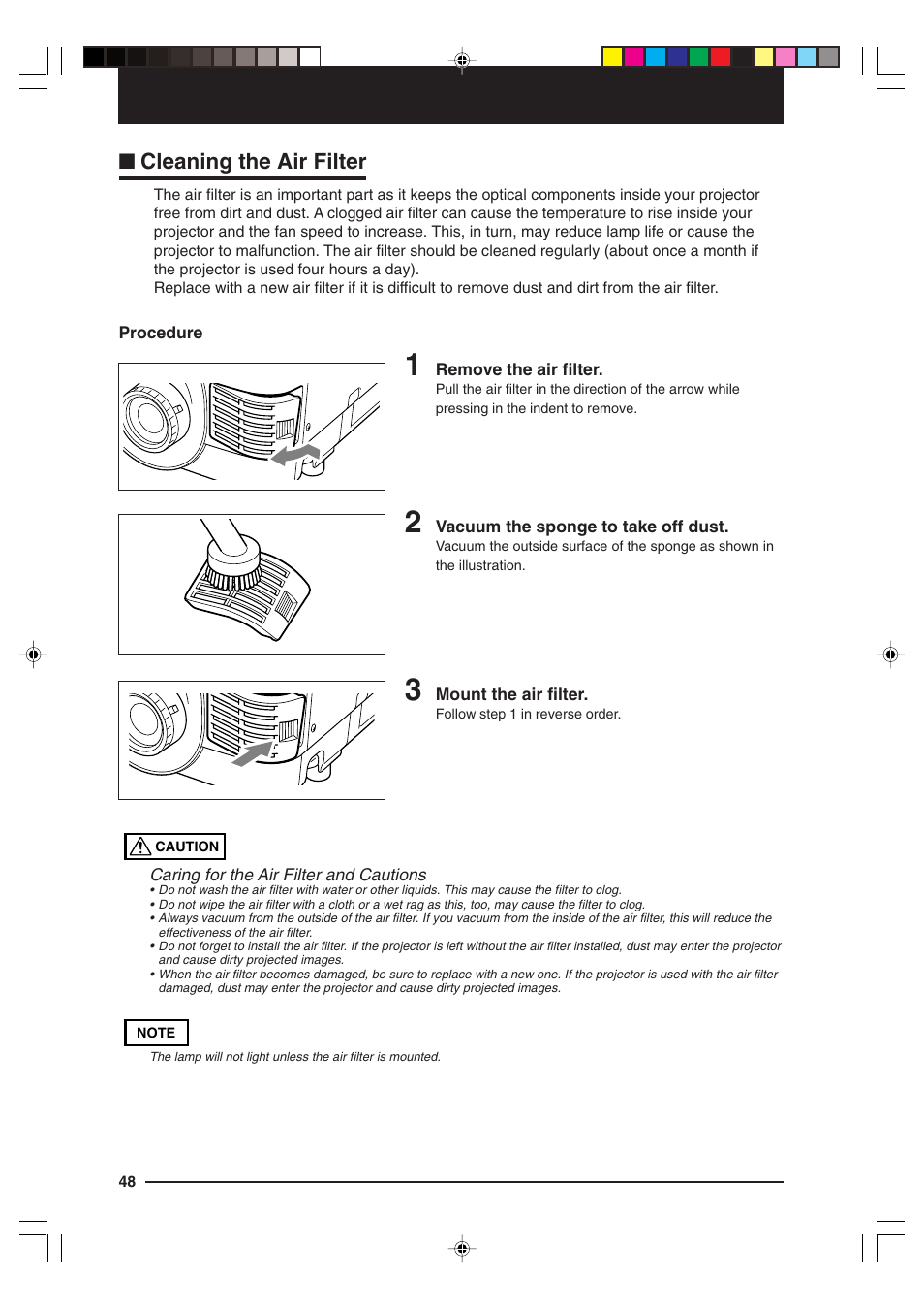 Cleaning the air filter | Kensington MP-15E User Manual | Page 48 / 52