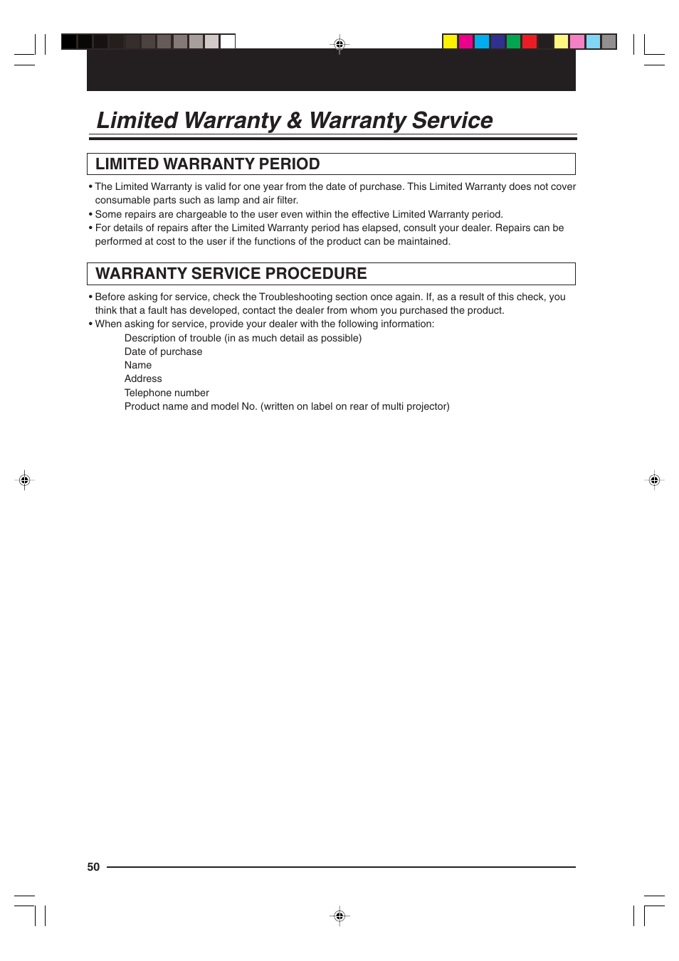 Limited warranty & repair service, Limited warranty period, Warranty service procedure | Limited warranty & warranty service | Kensington MP-15E User Manual | Page 50 / 52