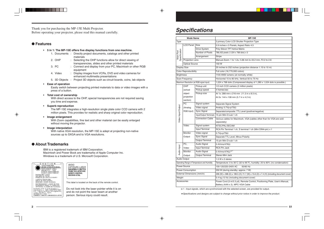 Specifications, Features, About trademarks | Kensington MP-15E User Manual | Page 51 / 52