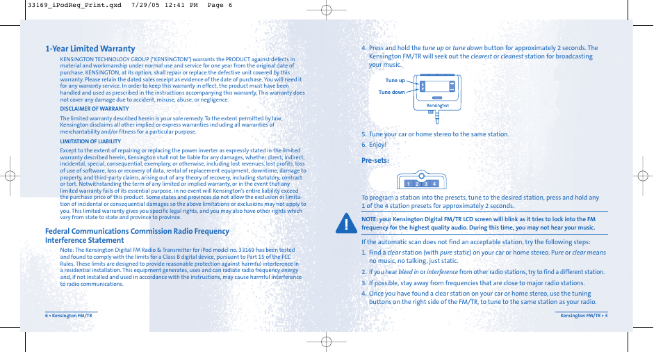 Year limited warranty | Kensington Digital FM Radio & Transmitter User Manual | Page 3 / 4