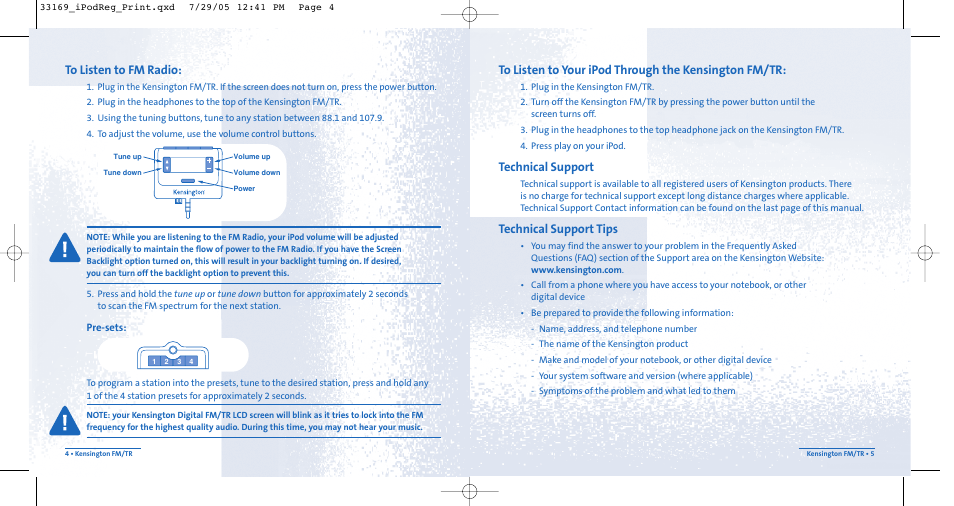 Technical support, Technical support tips | Kensington Digital FM Radio & Transmitter User Manual | Page 4 / 4