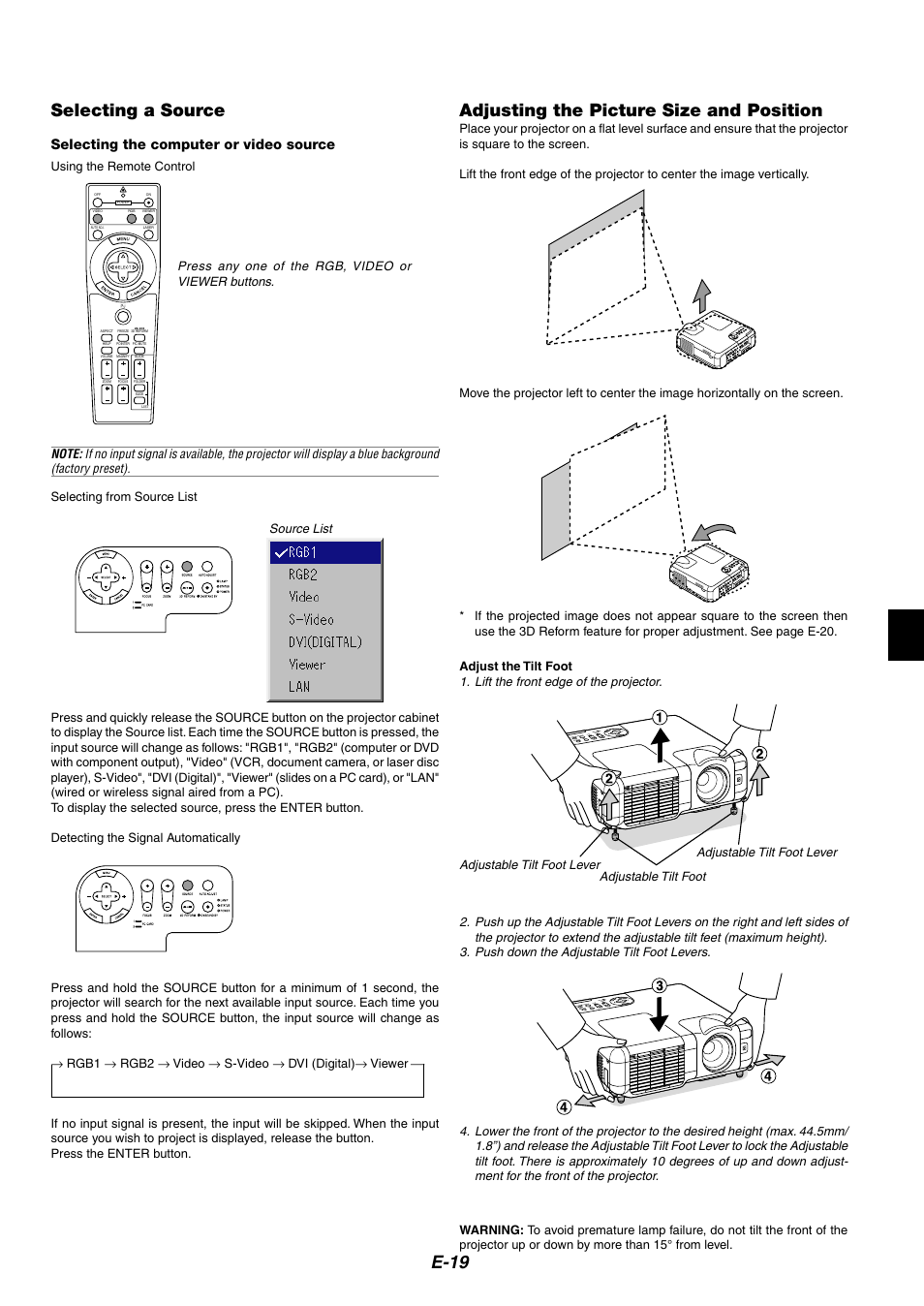 Selecting a source, Adjusting the picture size and position, E-19 selecting a source | Selecting the computer or video source | Kensington MT1075 User Manual | Page 19 / 69