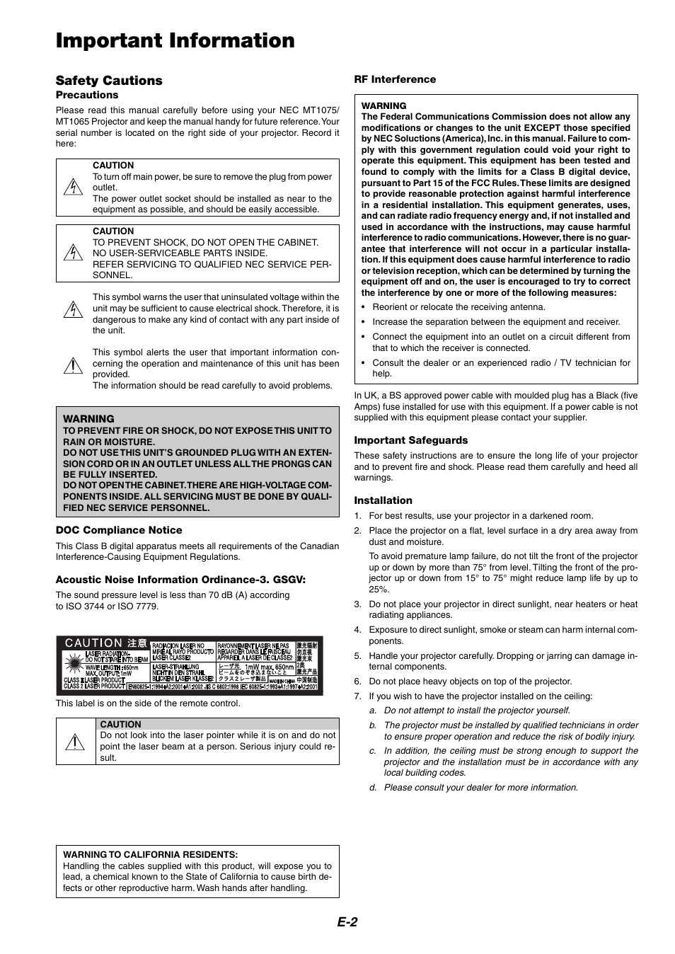 Important information, Safety cautions, E-2 safety cautions | Kensington MT1075 User Manual | Page 2 / 69