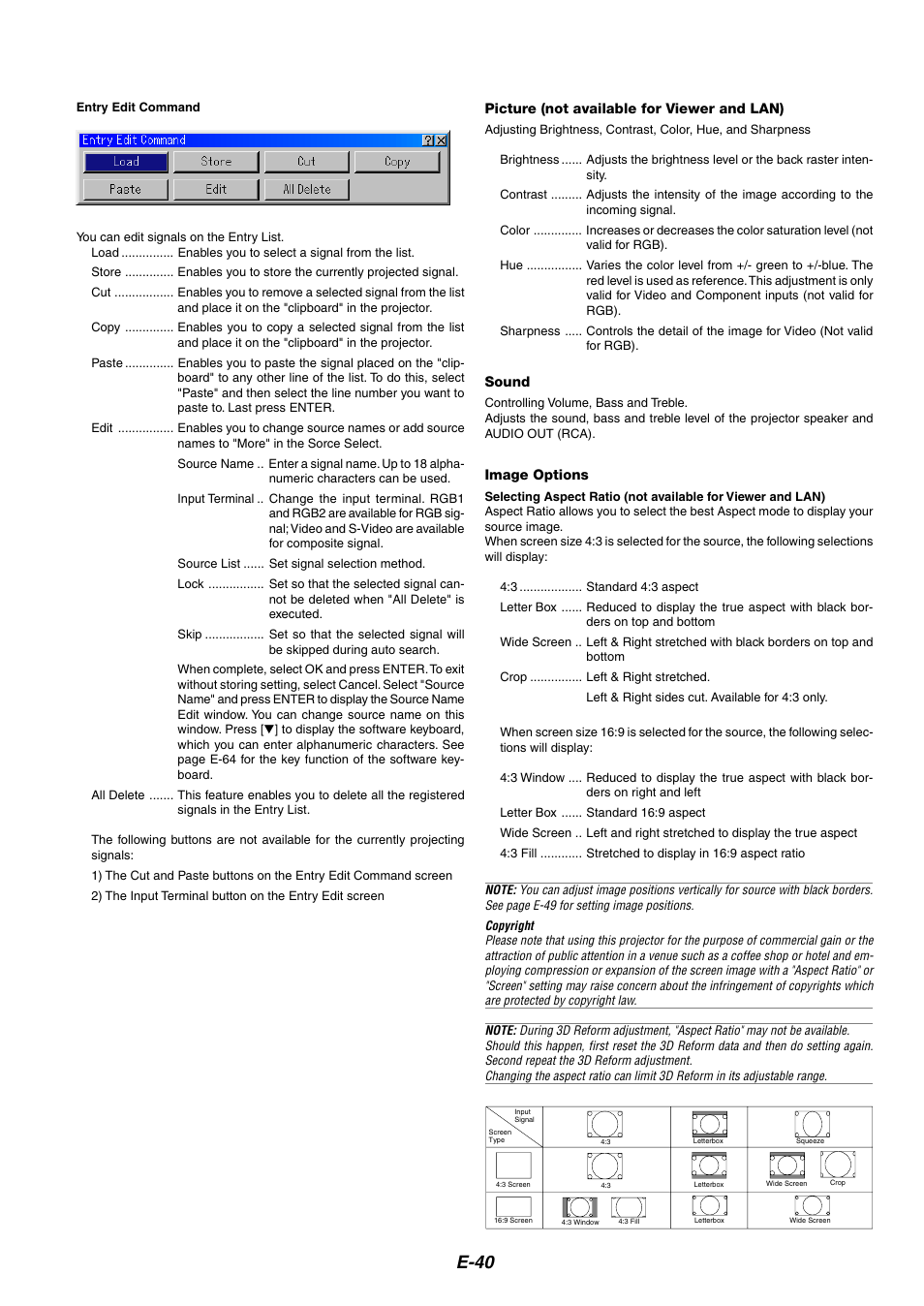 Picture, Sound, Image options | Selecting aspect ratio, E-40 | Kensington MT1075 User Manual | Page 40 / 69