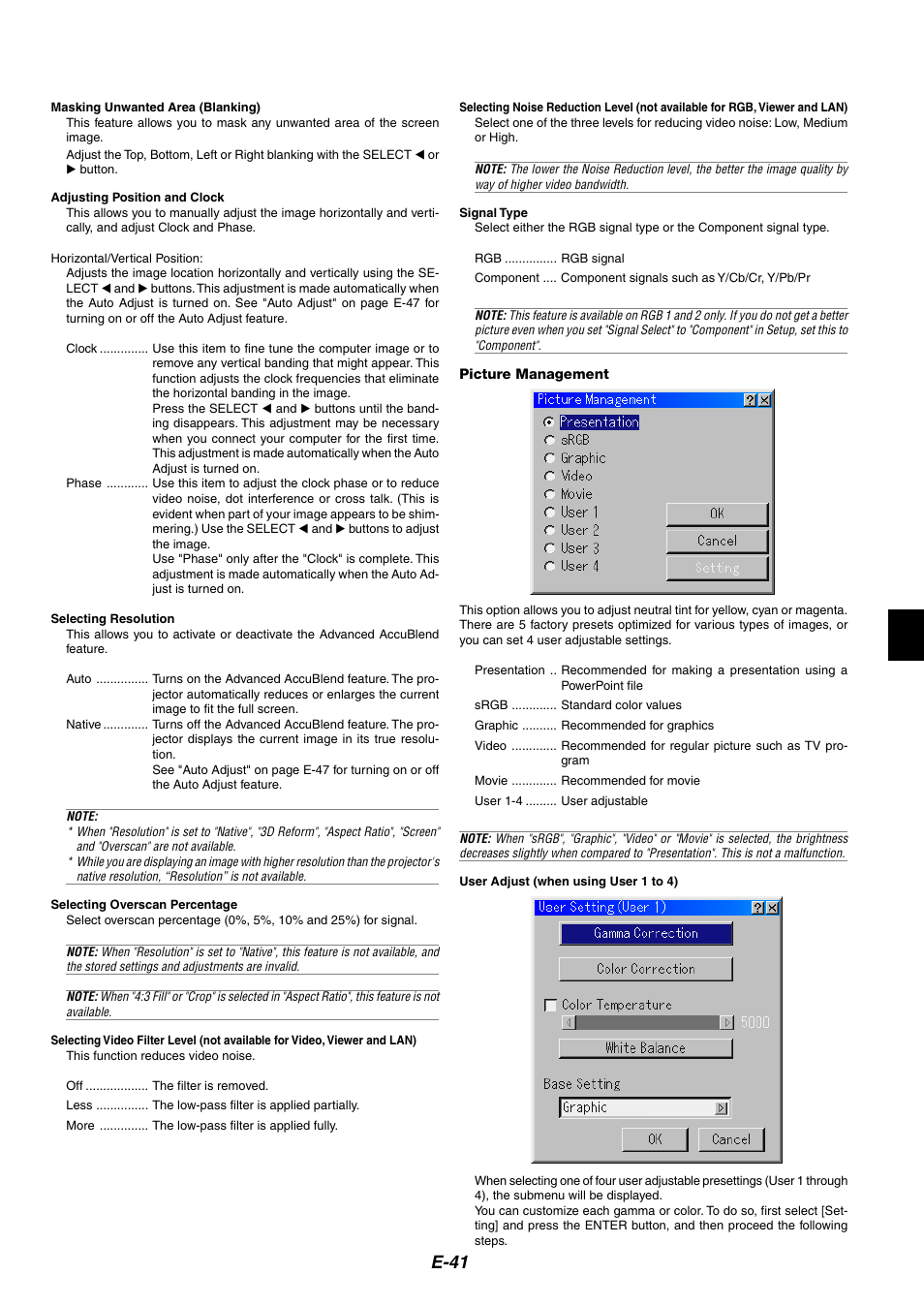 Masking unwanted area, Adjusting position and clock, Selecting resolution | Selecting overscan percentage, Selecting video filter level, Selecting noise reduction level, Signal type, Picture management, E-41 | Kensington MT1075 User Manual | Page 41 / 69