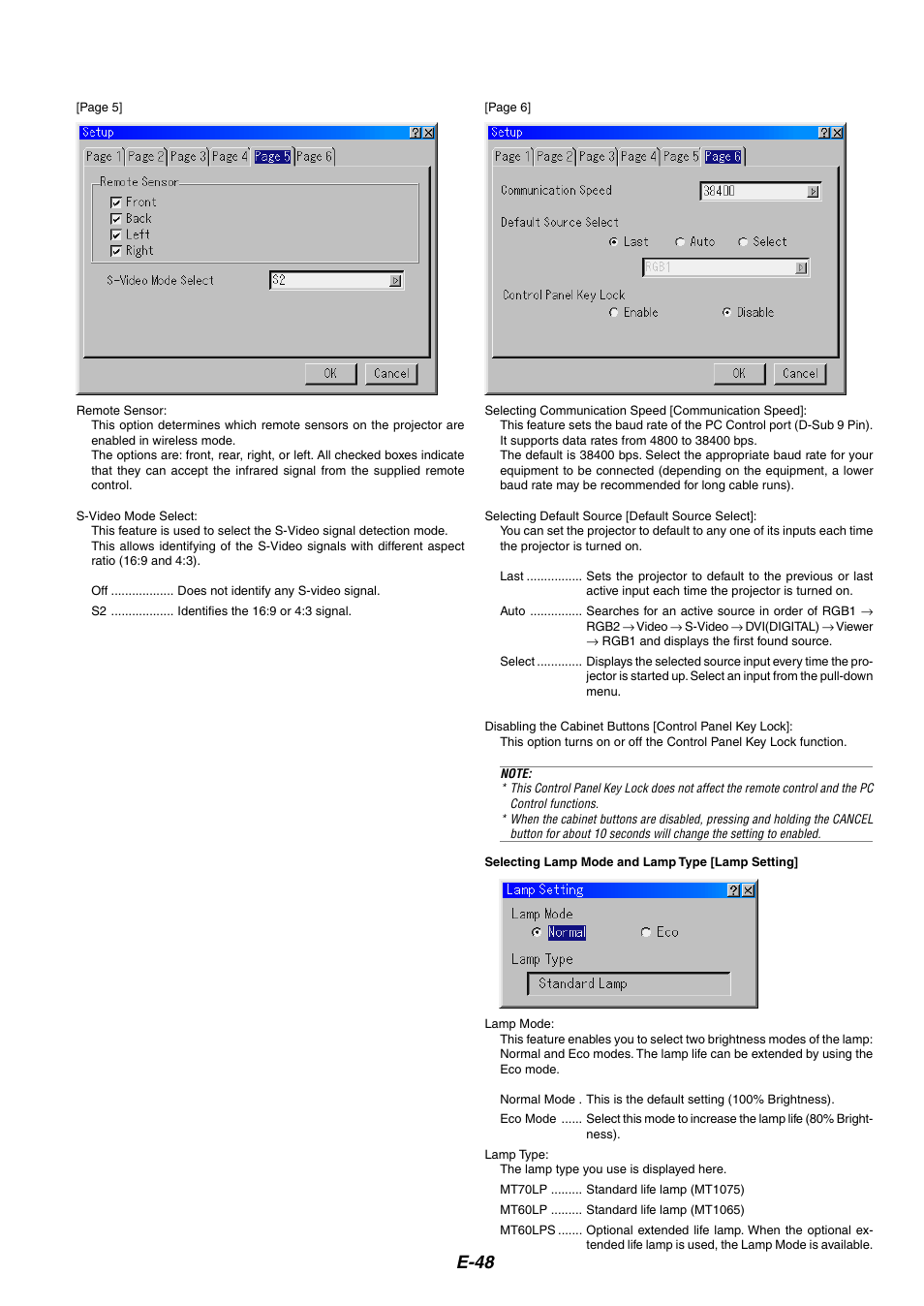 Remote sensor, S-video mode select, Selecting communication speed | Selecting default source, Disabling the cabinet buttons, Selecting lamp mode and lamp type, E-48 | Kensington MT1075 User Manual | Page 48 / 69