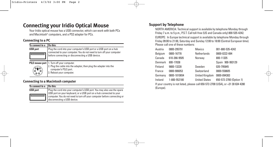 Connecting your iridio optical mouse | Kensington 3 User Manual | Page 2 / 4