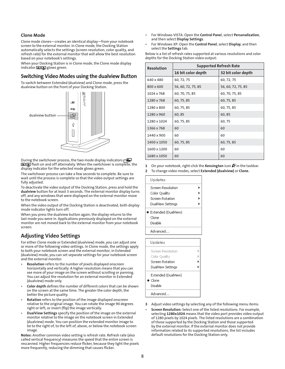 Switching video modes using the dualview button, Adjusting video settings | Kensington M01039 User Manual | Page 7 / 11
