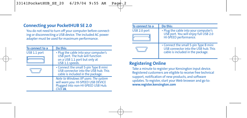 Registering online, Connecting your pockethub se 2.0 | Kensington SE 2.0 User Manual | Page 2 / 7