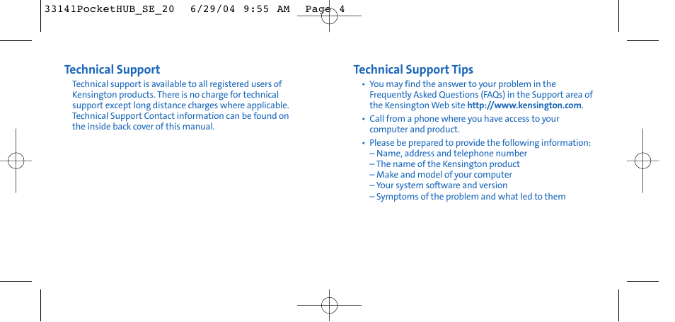 Technical support tips, Technical support | Kensington SE 2.0 User Manual | Page 3 / 7