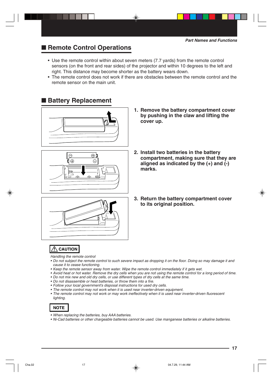 Remote control operations, Battery replacement | Kensington MP-700 User Manual | Page 17 / 72