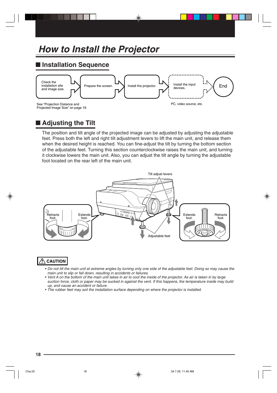How to install the projector, Installation sequence, Adjusting the tilt | Installation sequence ■ adjusting the tilt | Kensington MP-700 User Manual | Page 18 / 72
